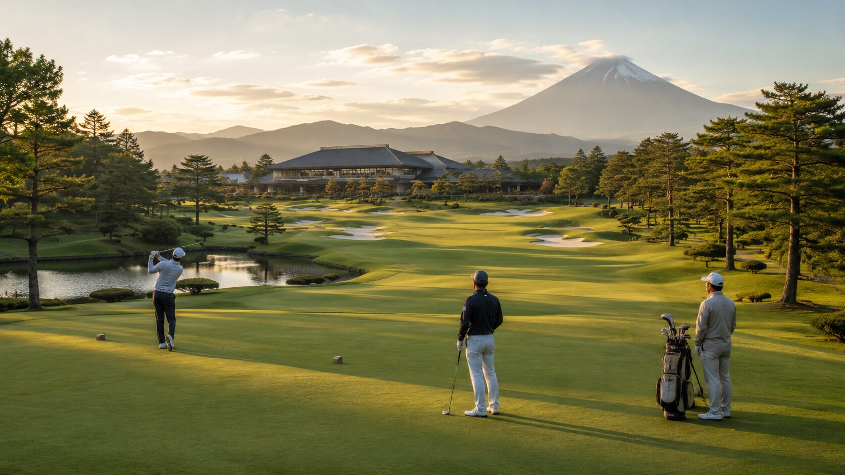 富士山とクラブハウスを望むゴルフ場のティーグラウンド。整備されたコースでラウンドを楽しむゴルフクラブ会員。