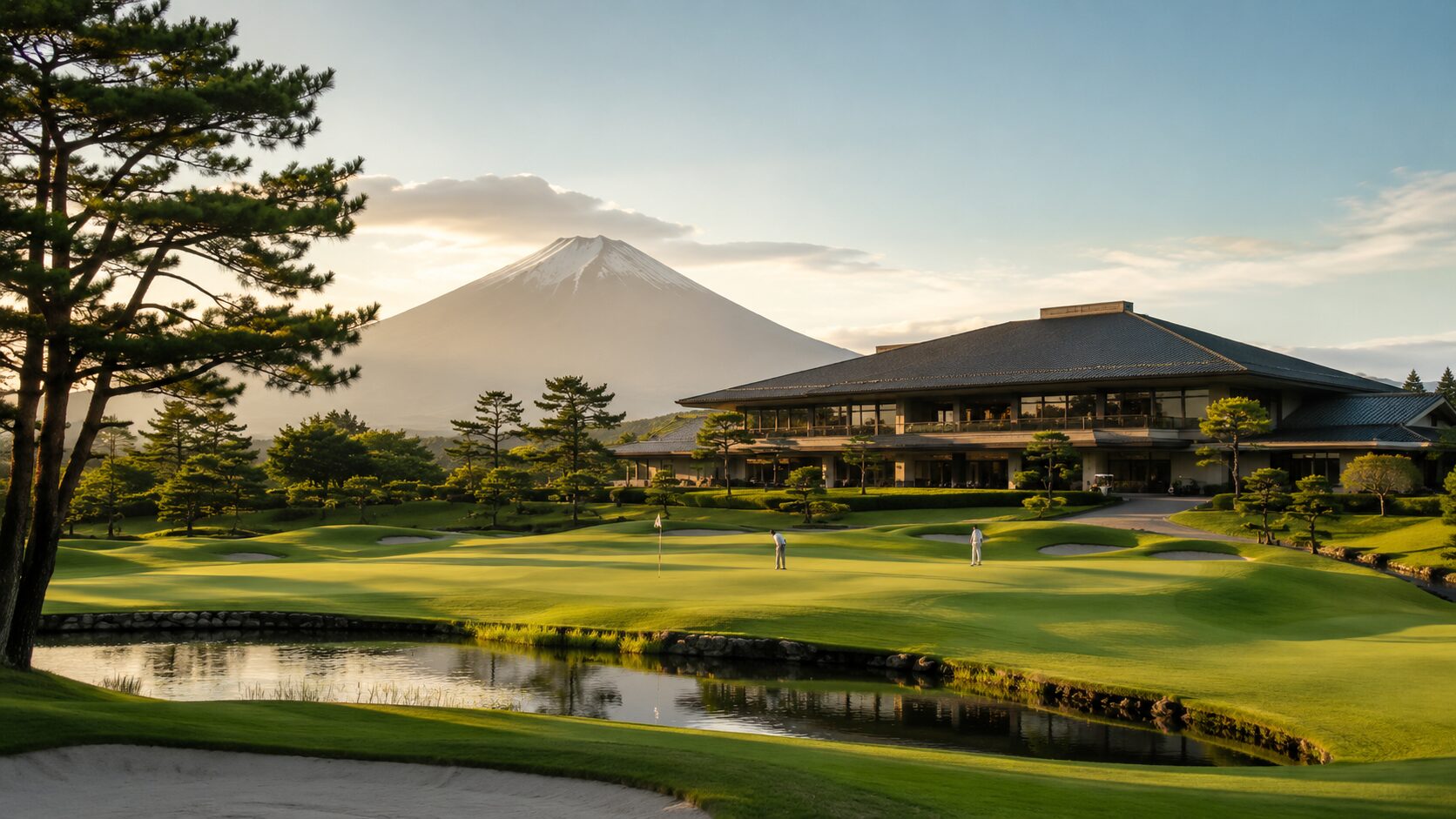 富士山を望む上質なゴルフ場。池のある美しいグリーンと落ち着いた佇まいのクラブハウスでプレーする会員の様子。