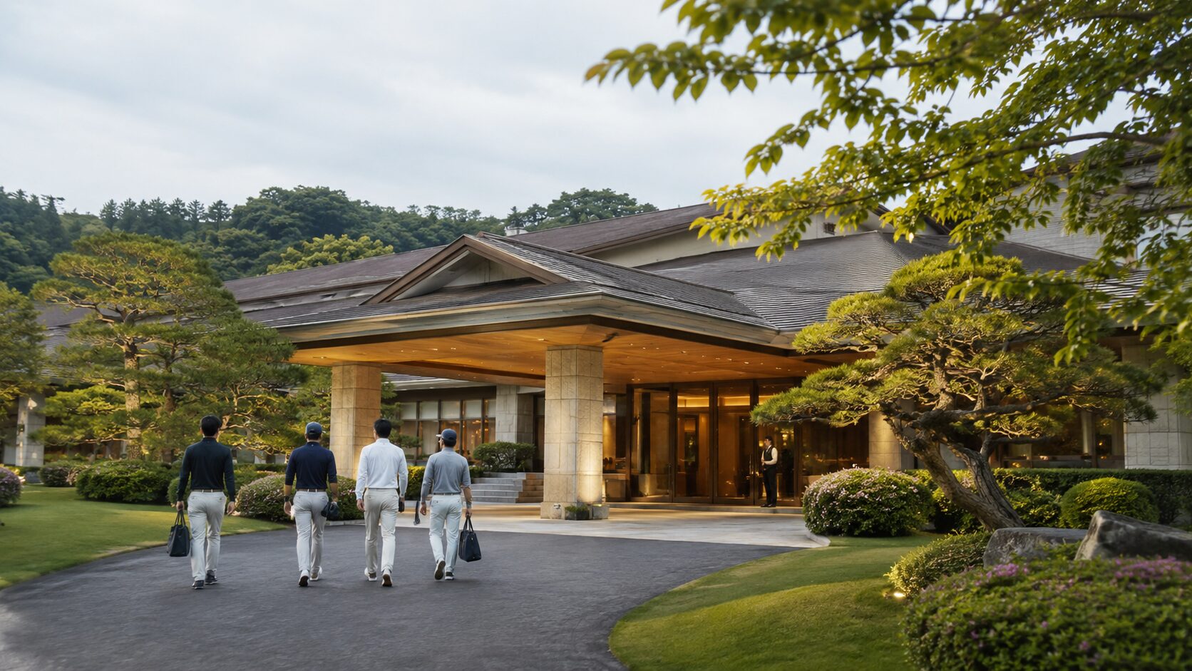 手入れされた庭に囲まれた会員制ゴルフクラブのクラブハウス入口へ向かう日本人メンバー。落ち着いた上質なエントランス。