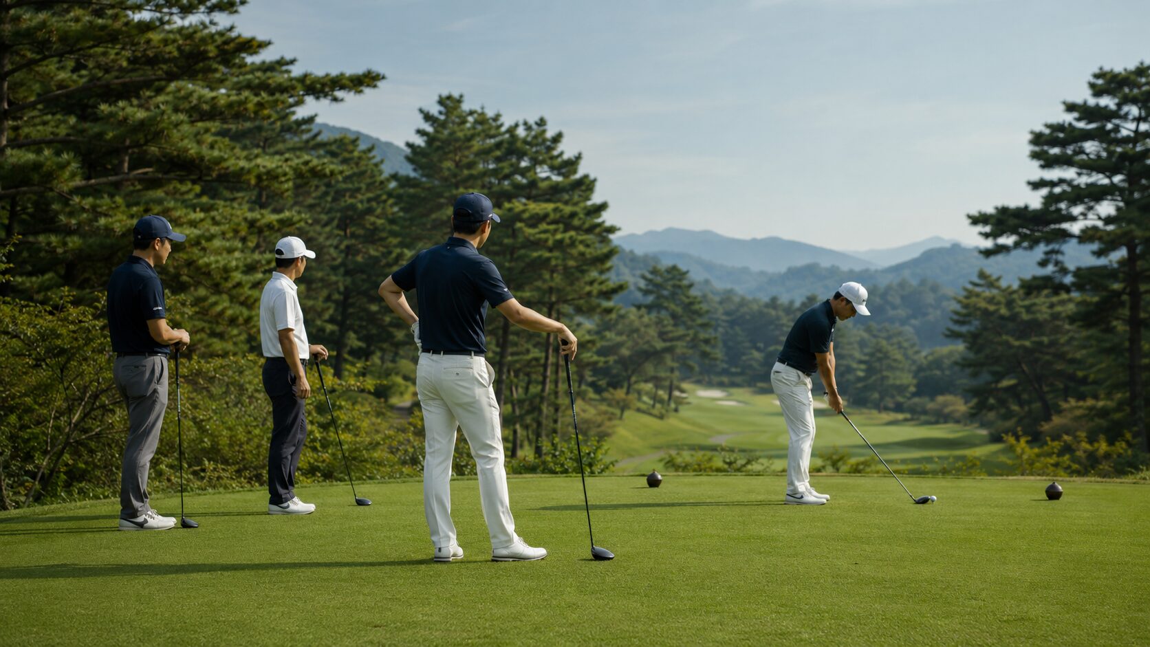 山並みを背景にしたホームコースのティーグラウンドでラウンドする日本人ゴルファー。会員同士でプレーを楽しむ様子。